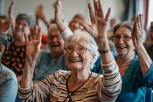 Older adults take part in a gentle stretching class in a bright assisted living community room.