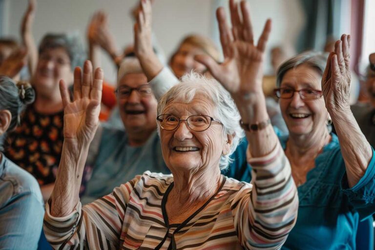 Older adults take part in a gentle stretching class in a bright assisted living community room.