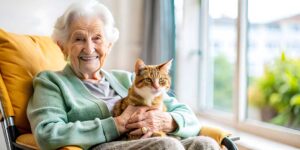 Older couple sitting together in a bright assisted living apartment with a walker nearby and family photos on a shelf.