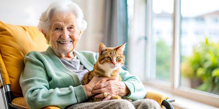 Older couple sitting together in a bright assisted living apartment with a walker nearby and family photos on a shelf.